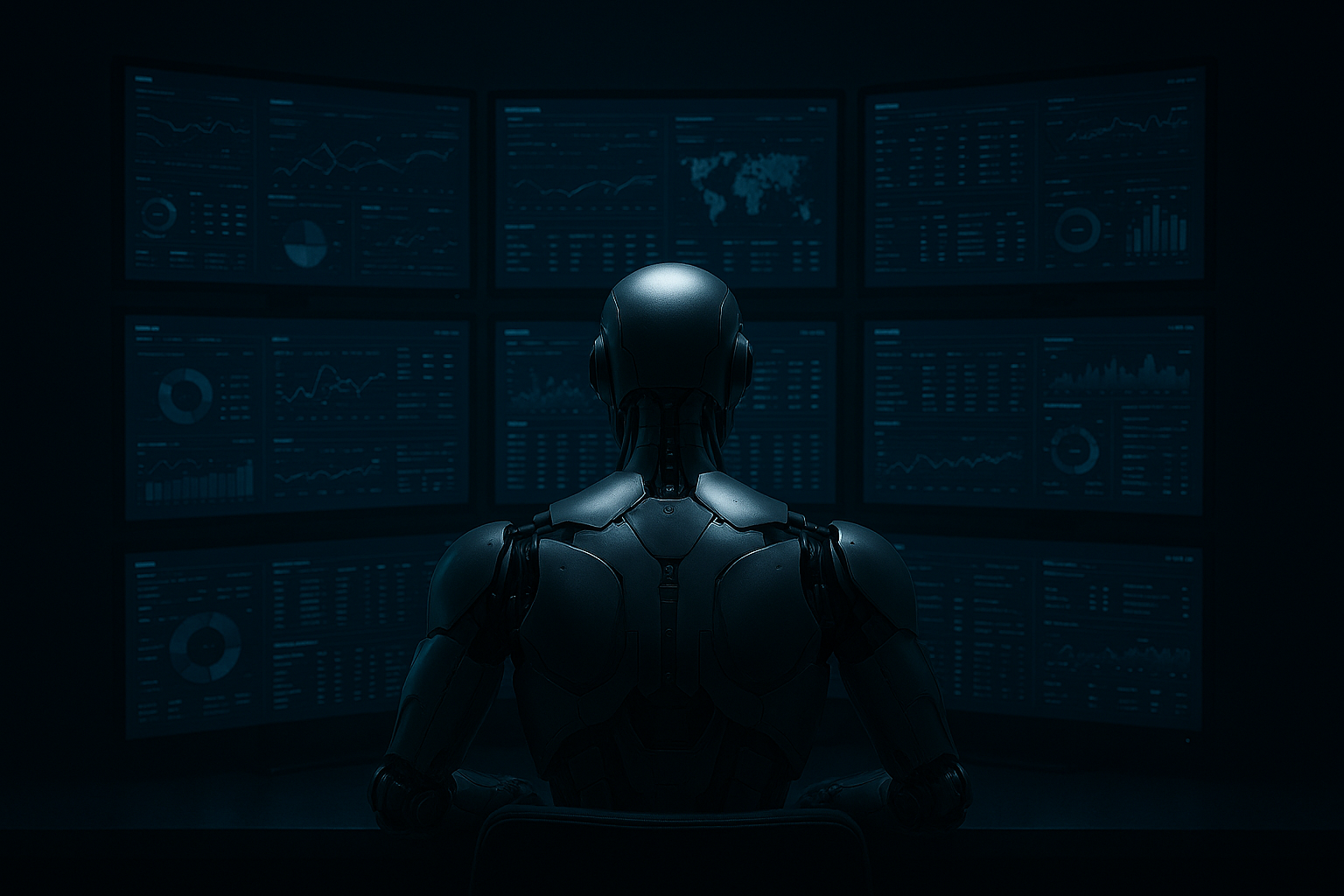 A robot sits in front an array of monitors displaying critical information. It works autonomously, automating the mundane and enhancing business observability and ROI